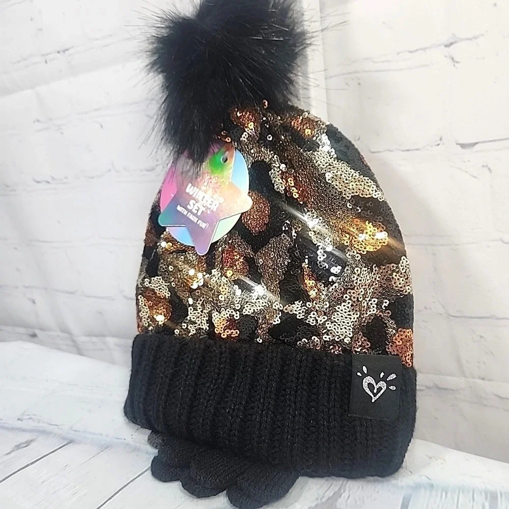 Justice Girls Cheetah BLK Sequin Ribbed Beanie w/faux fur & Gloves 2-Piece Set